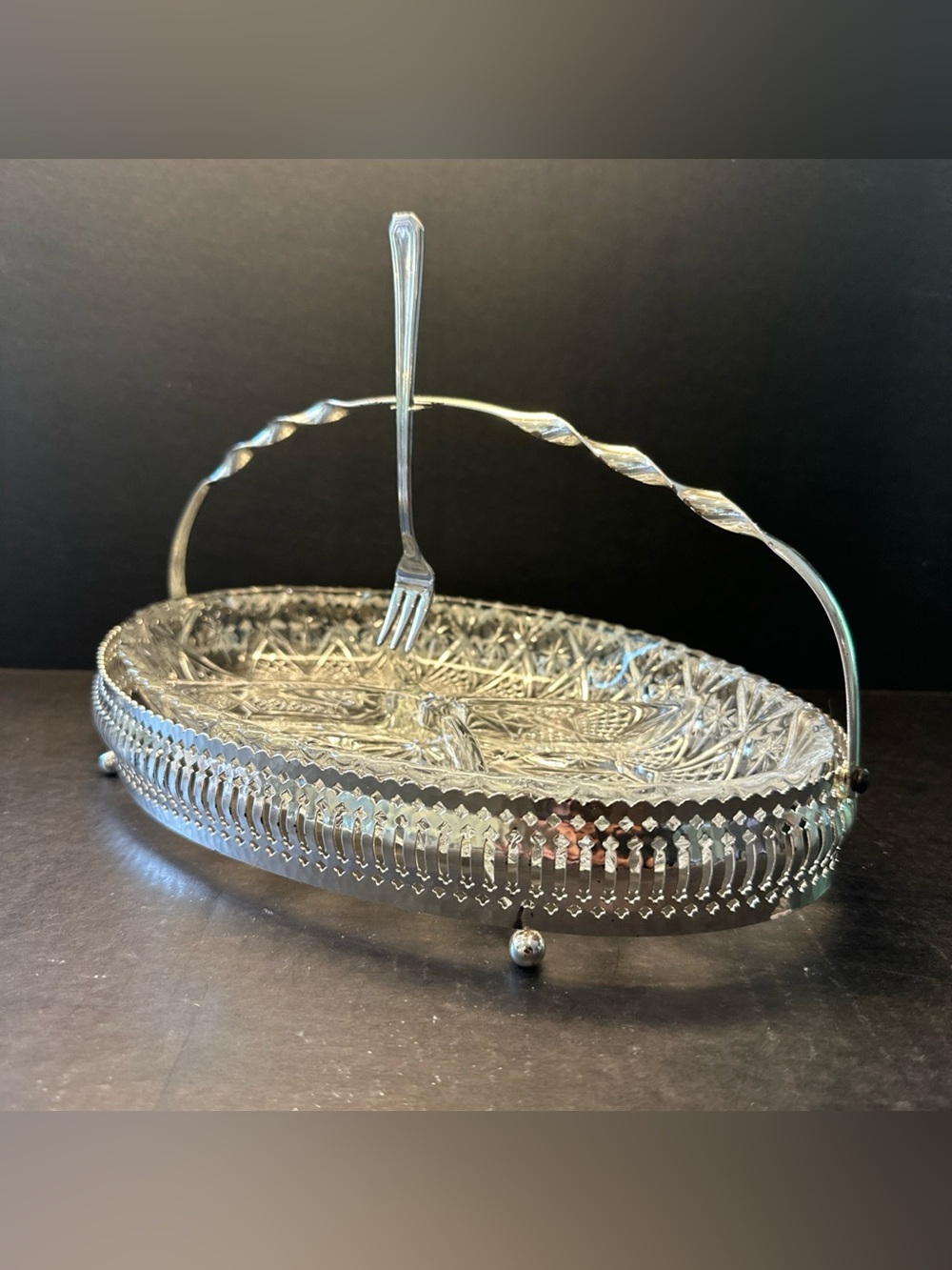 Vintage Divided Glass Relish Dish Silverplate Caddy Basket Starburst England